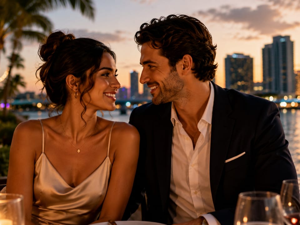 A couple smiling at each other at a waterfront dinner in Miami at dusk.