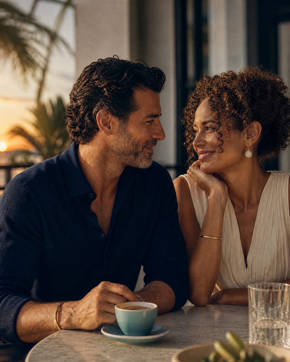 A man and a woman in their forties share a smile over coffee on a sunny terrace.