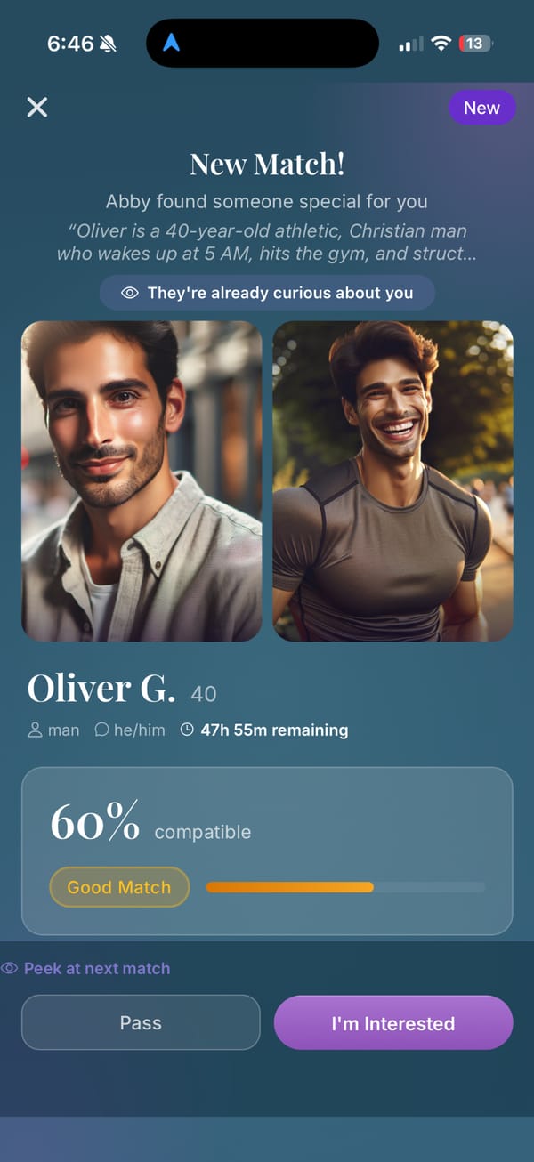 A new introduction in the app: photos and a short description of a demo profile, a 60% compatibility score, and “Pass” and “I’m interested” buttons.