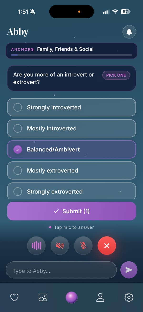 An Abby Method question in the app: “Are you more of an introvert or extrovert?”, with five answers from strongly introverted to strongly extroverted.