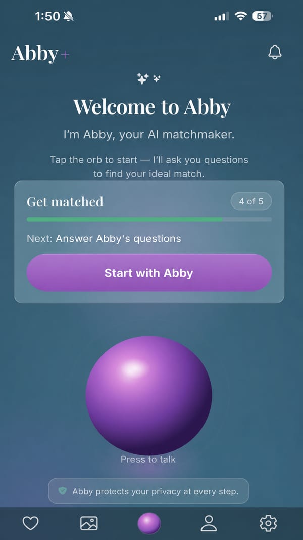 The Abby app home screen: a welcome from Abby, a “Get matched” card with a “Start with Abby” button, and the voice orb you tap to talk.