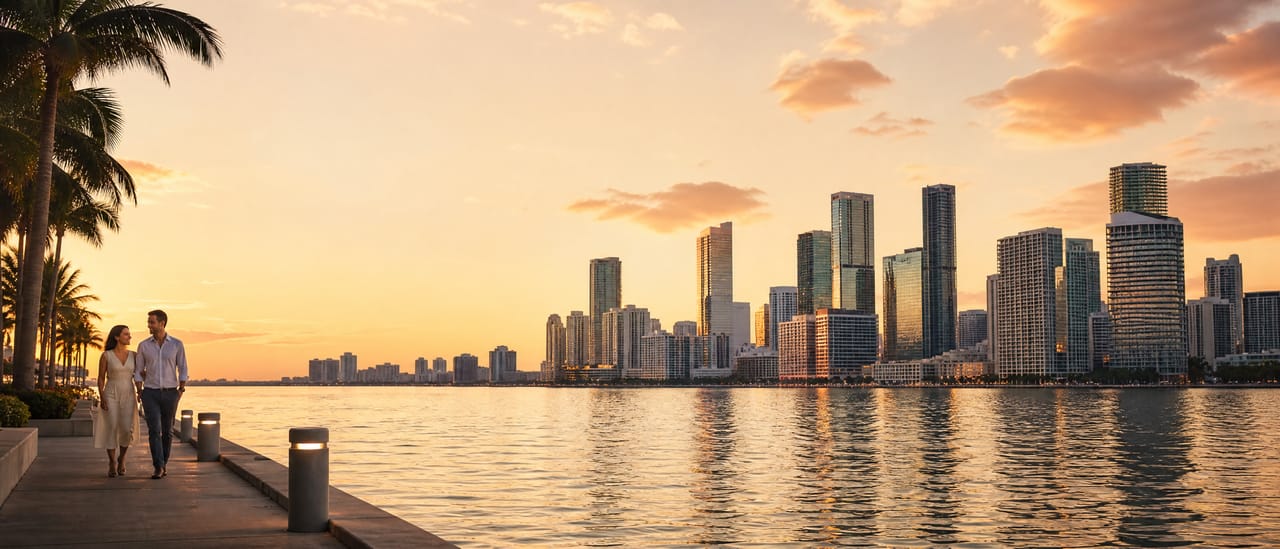 The Miami skyline across Biscayne Bay at sunset.